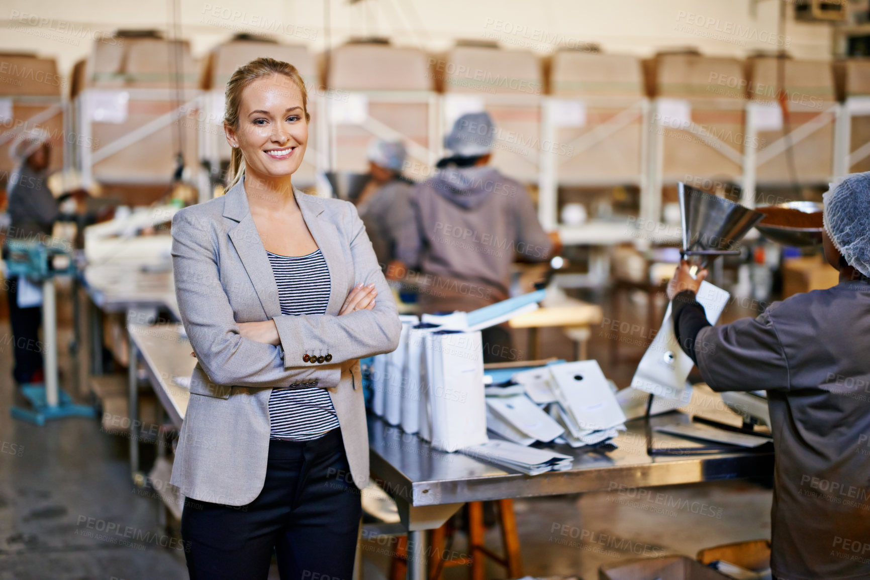 Buy stock photo Woman, portrait and warehouse teamwork for packaging production with workers, distribution or shipping. Female person, face and factory manufacturing for parcel logistics, industrial or wholesale