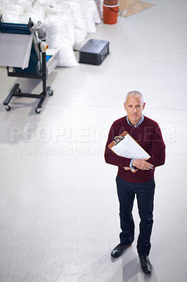Buy stock photo Manager, factory and portrait for inspection, production and industry for logistics and distribution. Mature man with clipboard for maintenance and quality control for supply chain and stock 
