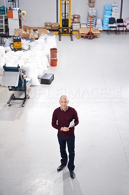 Buy stock photo Man, logistics and portrait with tablet in warehouse for inventory, cargo and quality assurance. Senior manager, tech and merchandise in factory for inspection, ecommerce and distribution from above