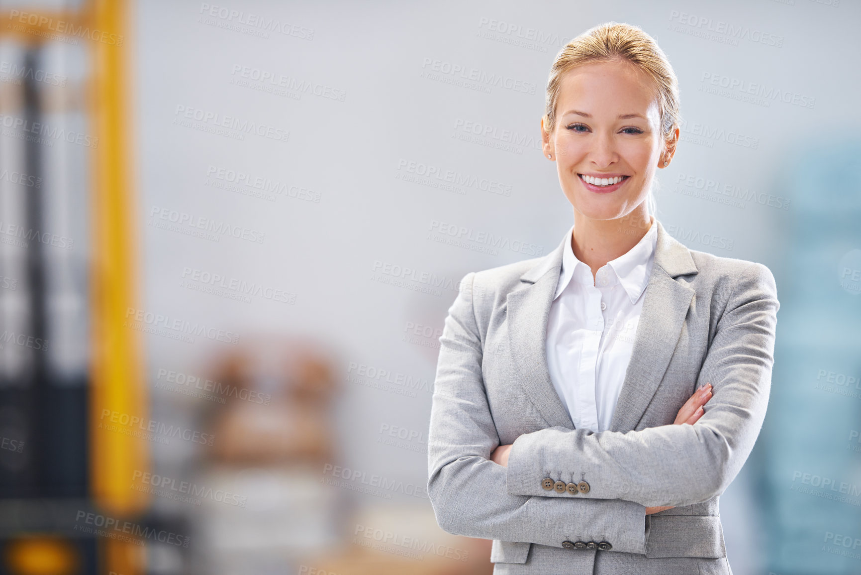 Buy stock photo Business portrait or happy woman with arms crossed in warehouse, workshop or logistic startup. Face, pride or female employee smile at factory for supply chain, retail or online shopping and delivery