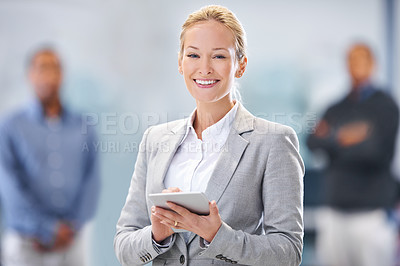 Buy stock photo Tablet, office and portrait of business woman with team for online research, website and networking. Happy, corporate worker and confident person on digital tech for planning, internet and contact