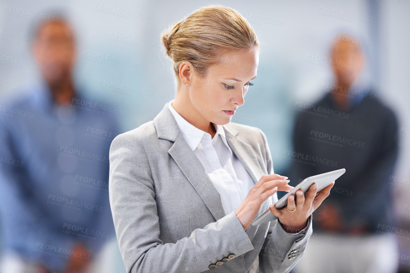 Buy stock photo Business, woman and tablet with connection, typing and digital app with website information or update system. Person, employee or PR consultant with tech or agency with professional or online reading