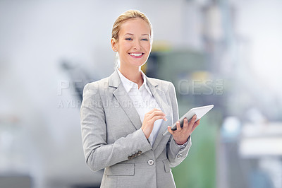 Buy stock photo Tablet, office and portrait of business woman for online research, website and networking. Company pride, corporate worker and happy person on digital technology for planning, internet and contact