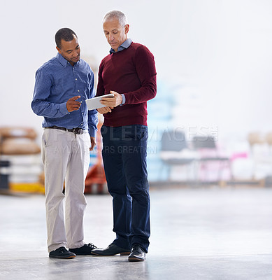 Buy stock photo Distribution, factory and business people with tablet for discussion, ecommerce and communication. Manager, men and meeting with digital technology for teamwork, export planning and conversation
