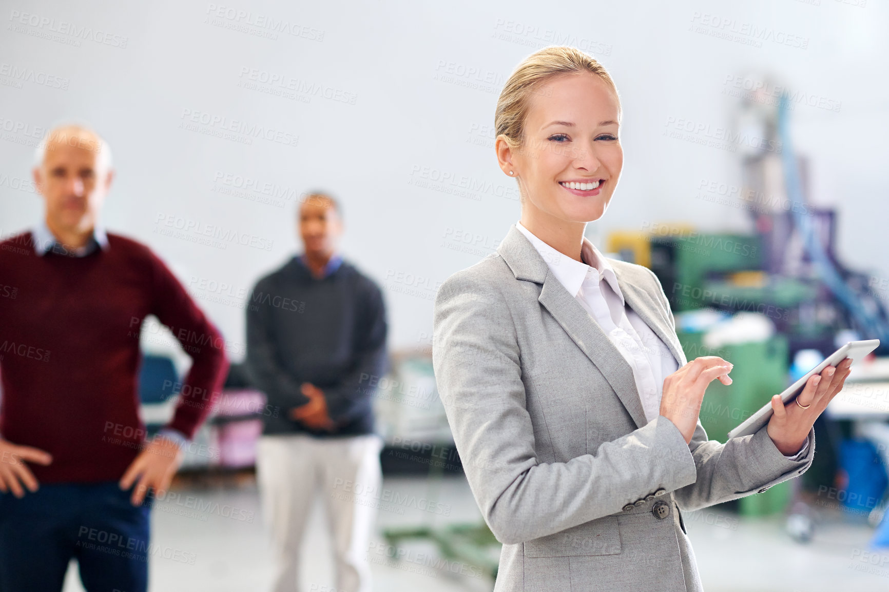 Buy stock photo Tablet, portrait or business woman at warehouse with team for stock, cargo or quality control inspection. Ecommerce, supply chain or factory manager with logistics app, planning or procurement search