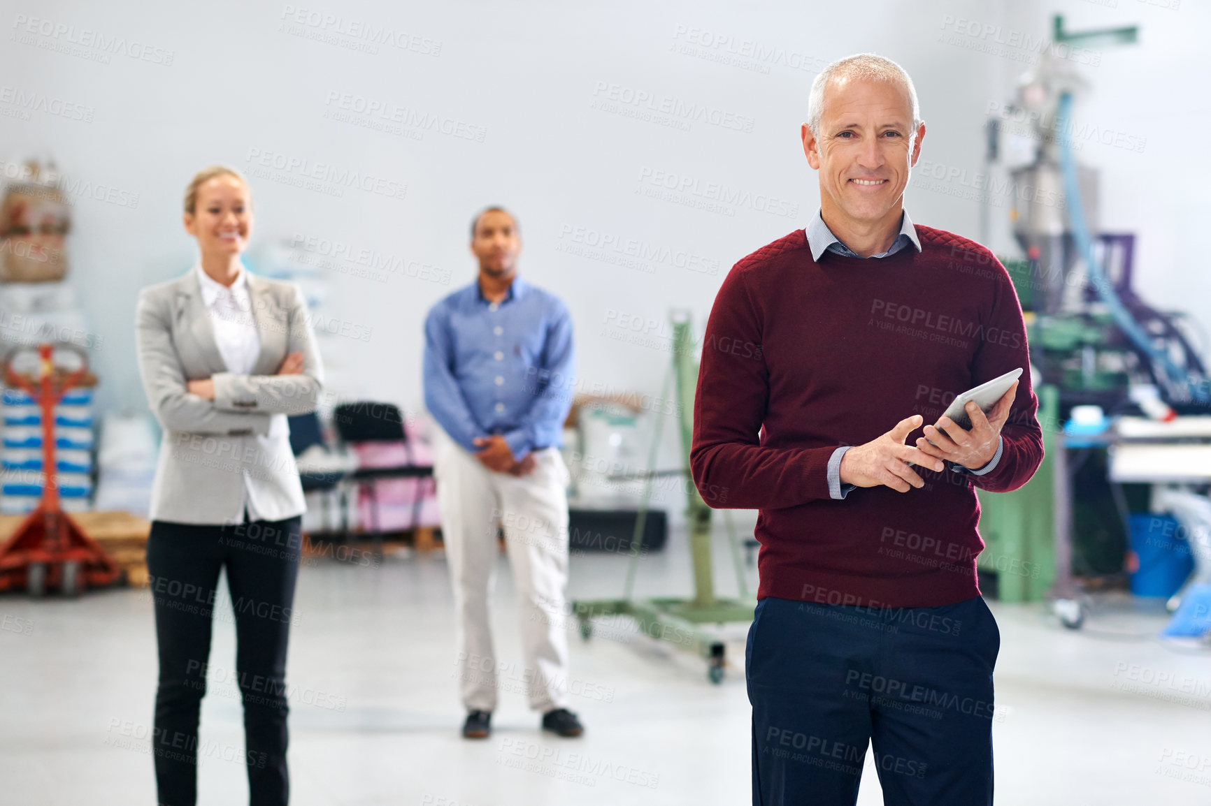 Buy stock photo Portrait, businessman and tablet for warehouse inspection with technology and professional with coworkers. Teamwork, happy face and diversity with online research and quality assurance on touchscreen
