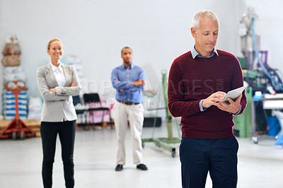 Buy stock photo Business people, man and tablet with teamwork typing and digital app with website information and connection. Person, employee or PR consultant with tech and agency with professional or collaboration