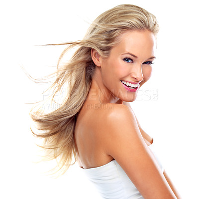Buy stock photo Portrait, hair and happy woman in wind for beauty, skincare and aesthetic isolated on white studio background. Face, smile and hairstyle of blonde person in makeup, cosmetics and hairdresser at salon