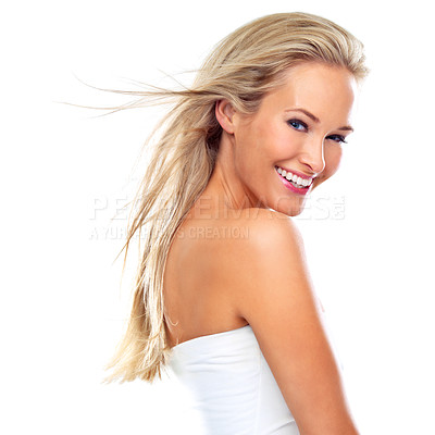 Buy stock photo Portrait, hair care and happy woman in wind for beauty, skincare or body health isolated on a white studio background. Face, smile and hairstyle of blonde person in salon with makeup or cosmetics