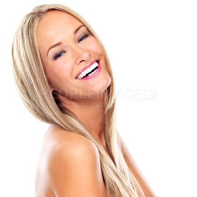 Buy stock photo Beauty, laugh and portrait of happy woman with blonde hair in studio for wellness, shine or glowing skin on white background. Haircare, face and female model with shampoo, cosmetics or growth pride