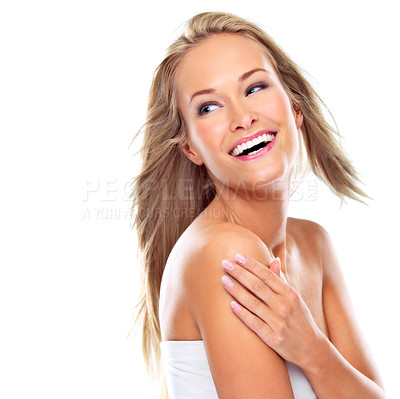 Buy stock photo Skincare, beauty and portrait of happy female person, hair and smile isolated on white background. Laugh, glow and salon for confident woman model, wellness or makeup for dermatology or cosmetics