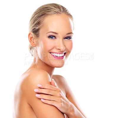Buy stock photo Portrait, skincare and beauty of happy woman in studio isolated on a white background mockup space. Face, smile and blonde model in makeup for cosmetics, dermatology and touching body for wellness