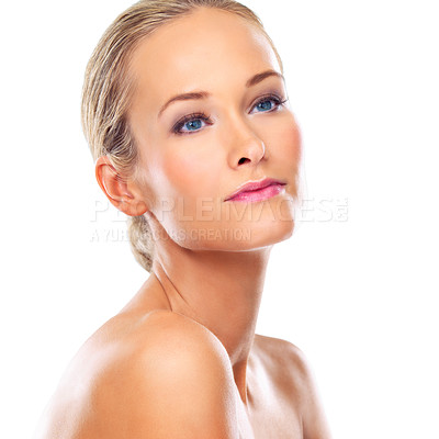 Buy stock photo Thinking, skincare and beauty of woman in studio for glow, shine or health isolated on a white background mockup space. Face, serious and blonde model in makeup for cosmetics, dermatology or wellness