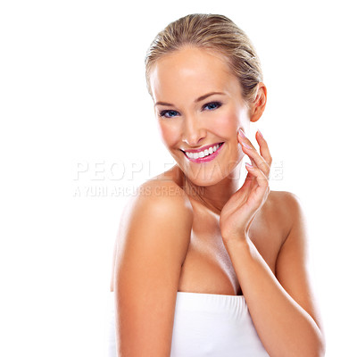 Buy stock photo Portrait, beauty and skincare of happy woman for glow, body or health isolated on a white studio background mockup. Face, makeup and smile of blonde model touching skin with cosmetics for dermatology