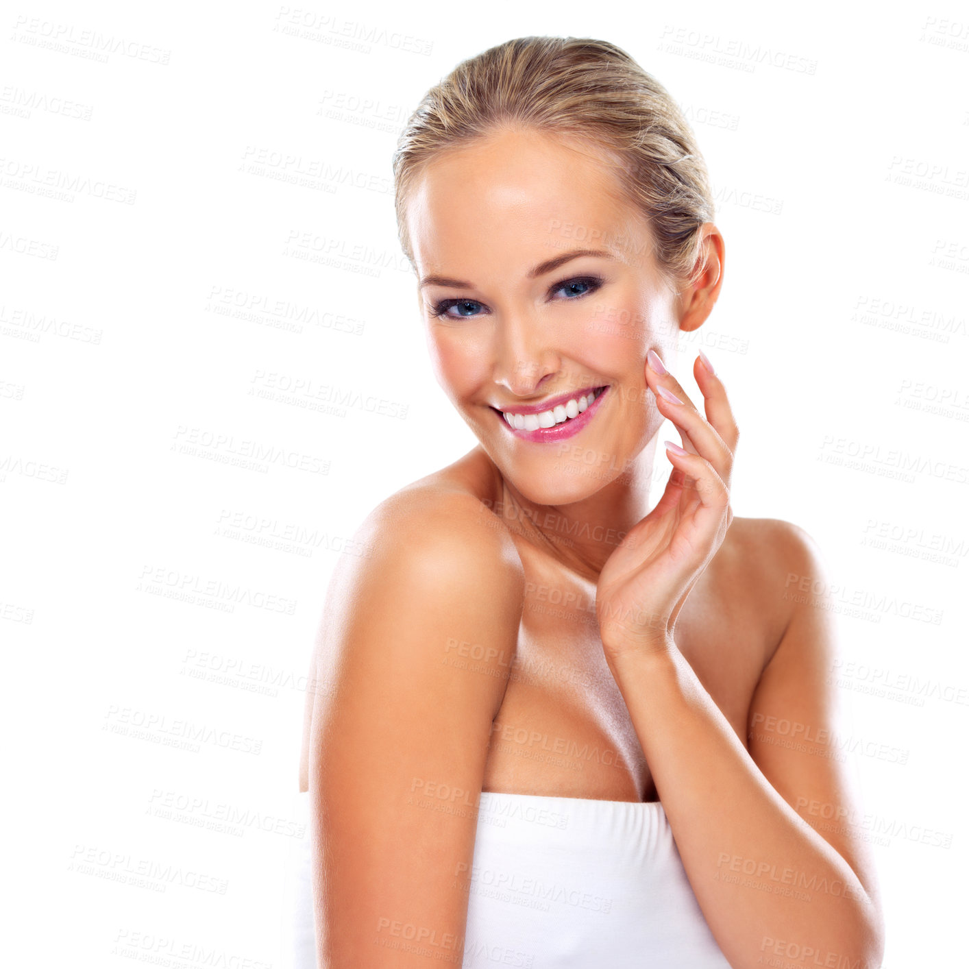 Buy stock photo Portrait, beauty and skincare of happy woman for glow, body or health isolated on a white studio background mockup. Face, makeup and smile of blonde model touching skin with cosmetics for dermatology