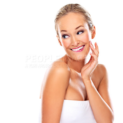 Buy stock photo Woman, touch and skincare treatment in studio, beauty and satisfaction on white background. Female person, smile and mockup space for cosmetics and results of facial, dermatology and aesthetic