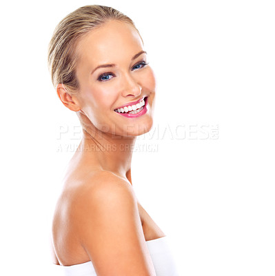 Buy stock photo Happy woman, portrait and beauty with cosmetics, skincare or makeup on a white studio background. Face of young female person or model with smile in satisfaction for facial treatment on mockup space