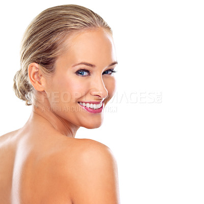 Buy stock photo Woman, portrait and skincare treatment in studio, beauty and satisfaction on white background. Female person, smile and mockup space for cosmetics and results of facial, dermatology and aesthetic