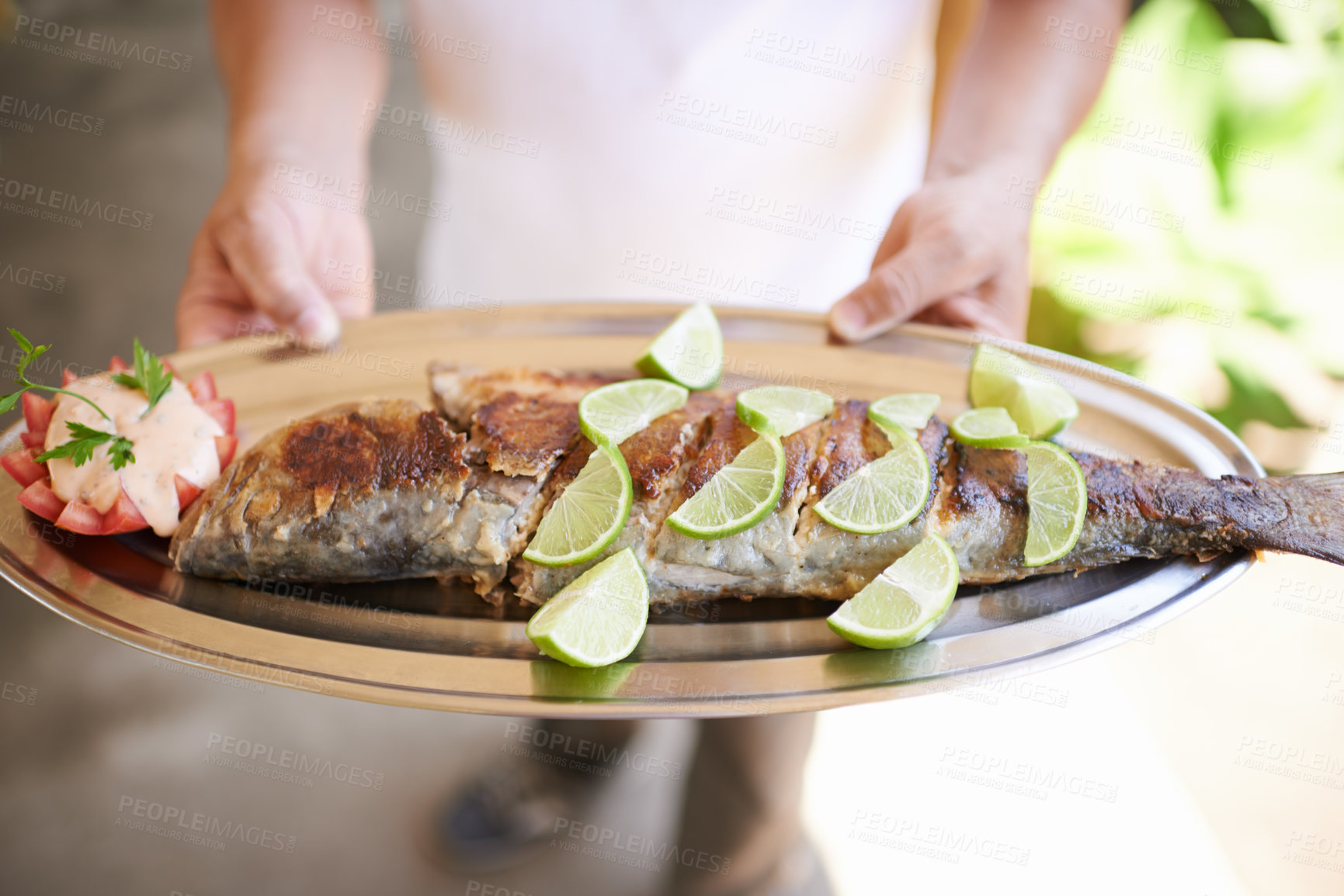 Buy stock photo Lemon, platter and fish for meal or dinner at restaurant on vacation or holiday in Hawaii. Health, food and closeup of person with seafood on plate for lunch or supper for nutrition on weekend trip.