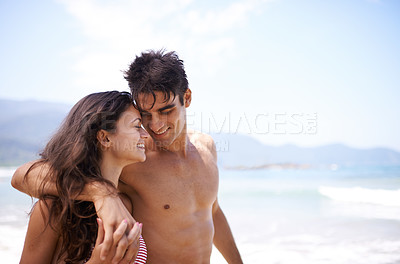 Buy stock photo Beach, love and couple with vacation, summer and weekend break for honeymoon and adventure. Travel, seaside and embrace with man and woman with holiday and love with anniversary, happiness and ocean