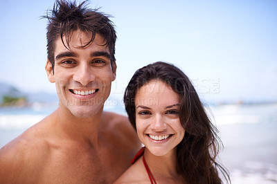 Buy stock photo Happy, beach and portrait of couple on vacation, adventure or holiday for romantic travel. Smile, love and young man and woman on date by ocean or sea for tropical outdoor anniversary weekend trip.