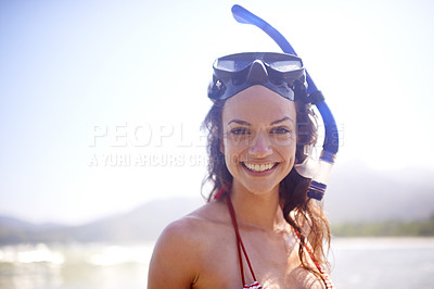 Buy stock photo Woman, snorkeling and mask in portrait, beach and adventure for travel, fun and activity. Female person, bikini and vacation on summer, trip or holiday with happy, equipment and water sport
