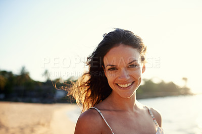 Buy stock photo Travel, beach and portrait of woman in summer for vacation, holiday and weekend outdoors. Nature, happy and face of person smile for relaxing, adventure and destination by ocean on tropical island