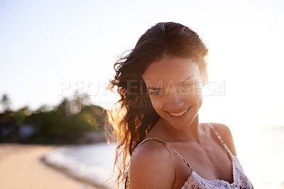 Buy stock photo Happy, beach and face of woman at sunset for vacation, summer holiday and weekend outdoors. Nature, travel and person with smile for relaxing, adventure and freedom by ocean on tropical island