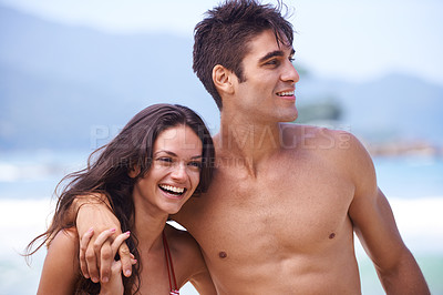 Buy stock photo Beach, holiday and couple with vacation, sunshine and weekend break for honeymoon, travel or adventure. Outdoor, seaside and hug with man or woman with getaway trip or love with anniversary or summer