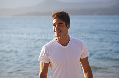 Buy stock photo Man, ocean and travel with fashion, summer and happiness in landscape, confident and stylish. Male person, trendy and cool by beach, coast and tropical for relaxed, vacation and tourist in Cape Town
