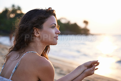 Buy stock photo Woman, thinking with view on beach and travel for wellness, fresh air and sunset, ocean and holiday in Bali. Reflection, memory and future with summer vacation for tourism, mindfulness and adventure