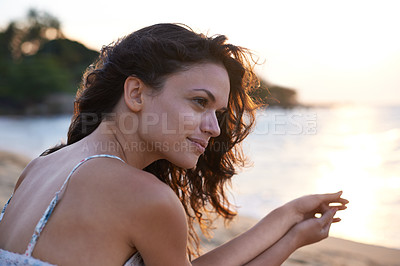 Buy stock photo Woman, thinking with ocean view on beach and travel for wellness, fresh air and sunset on holiday in Bali. Reflection, memory and future with summer vacation for tourism, mindfulness and adventure