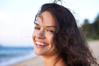 Buy stock photo Happy, beach and portrait of woman in summer for vacation, holiday and weekend outdoors. Nature, travel and face of person with smile for relaxing, adventure and freedom by ocean on tropical island