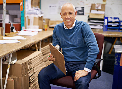 Buy stock photo Portrait, business or old man with clipboard in warehouse office for logistics, planning or cargo checklist. Industry, supply chain or factory manager with compliance documents for cardboard recycle