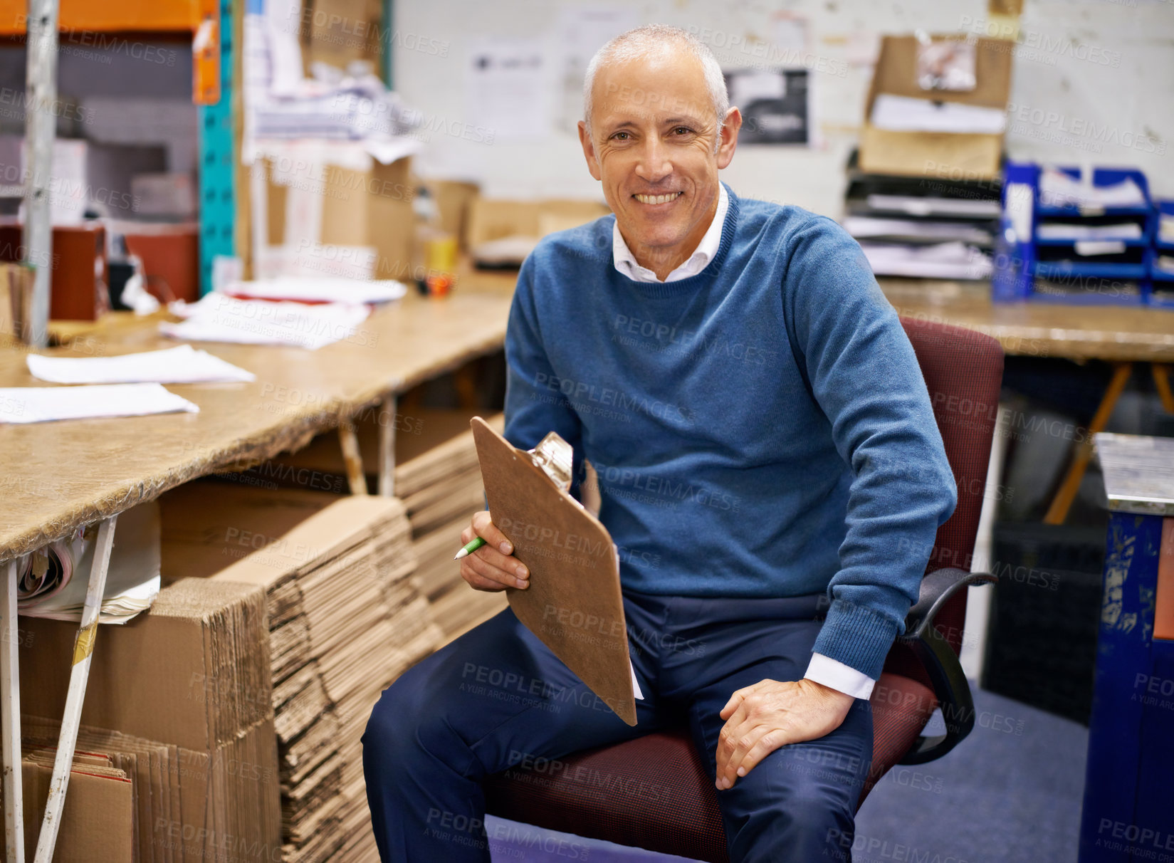 Buy stock photo Portrait, business or old man with clipboard in warehouse office for logistics, planning or cargo checklist. Industry, supply chain or factory manager with compliance documents for cardboard recycle