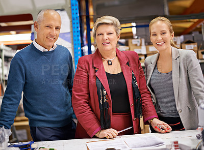 Buy stock photo Business people, management or portrait for teamwork in warehouse with inventory, quality control or check list. Mature man, woman or smile for supply chain, logistics career or product info check up