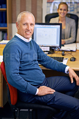 Buy stock photo Business man, desk and coworking portrait with office administrator and executive employee at company. CEO, computer and professional worker with staff and online at a startup with technology 