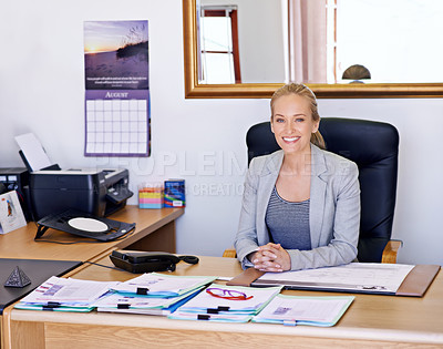 Buy stock photo Business woman, desk and portrait in a office with staff administrator and contract work at company. Startup, happy and smile from a professional with paperwork and entrepreneur career at job