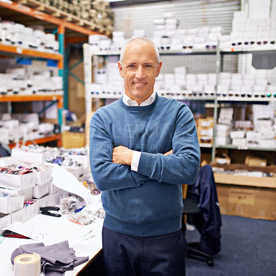 Buy stock photo Portrait, man and happy shelves in distribution warehouse and pride in career as inspection of stock. Positive face, professional and arms crossed for job satisfaction or manager of inventory on site