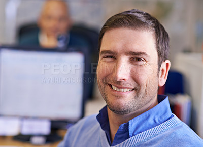 Buy stock photo Happy businessman, portrait and office with computer for career ambition, job or pride at the workplace. Closeup or face of young man, designer or employee with smile for positive attitude or mindset