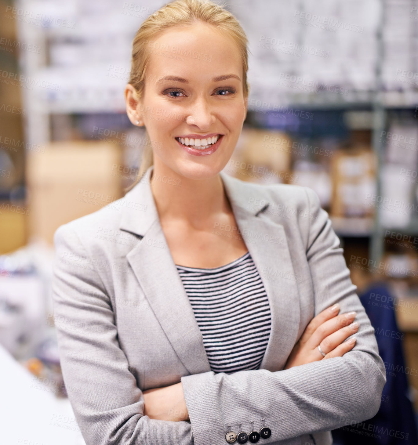 Buy stock photo Happy woman, portrait and manager with confidence at warehouse for storage, inventory or management. Confident female person or employee with smile and arms crossed for distribution or supply chain