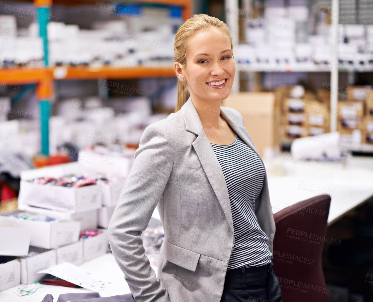 Buy stock photo Happy woman, portrait and inventory with confidence for storage or supplies at the warehouse. Confident female person or young employee with smile or boxes for distribution, supply chain or logistics