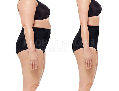 Buy stock photo Transformation, weightloss and stomach of woman in studio for diet, lose weight and wellness. Health, before after and body of isolated person for workout, exercise and fitness on white background