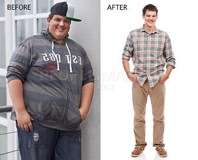 Buy stock photo Before and after shot of a young man's weight loss