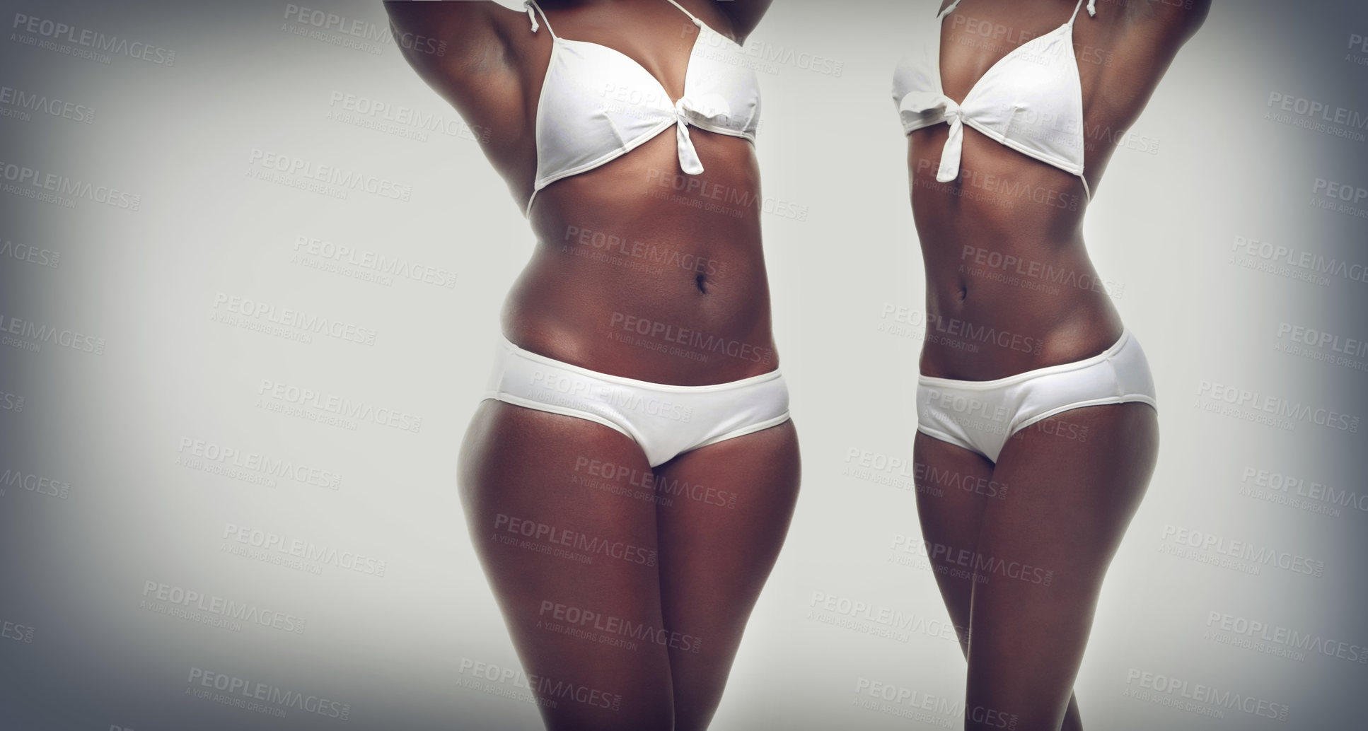 Buy stock photo Transformation, weightloss and body of black woman on a gray background for diet, detox and wellness. Health, lose weight and stomach of isolated person for workout, exercise and fitness in studio