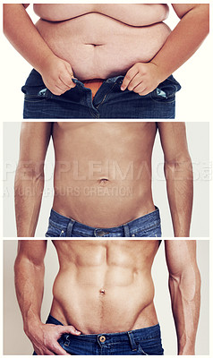 Buy stock photo Collage, transformation and body of man for weight loss, diet and detox with white background. Health, stomach and male person for before after in fitness, workout and exercise on studio backdrop