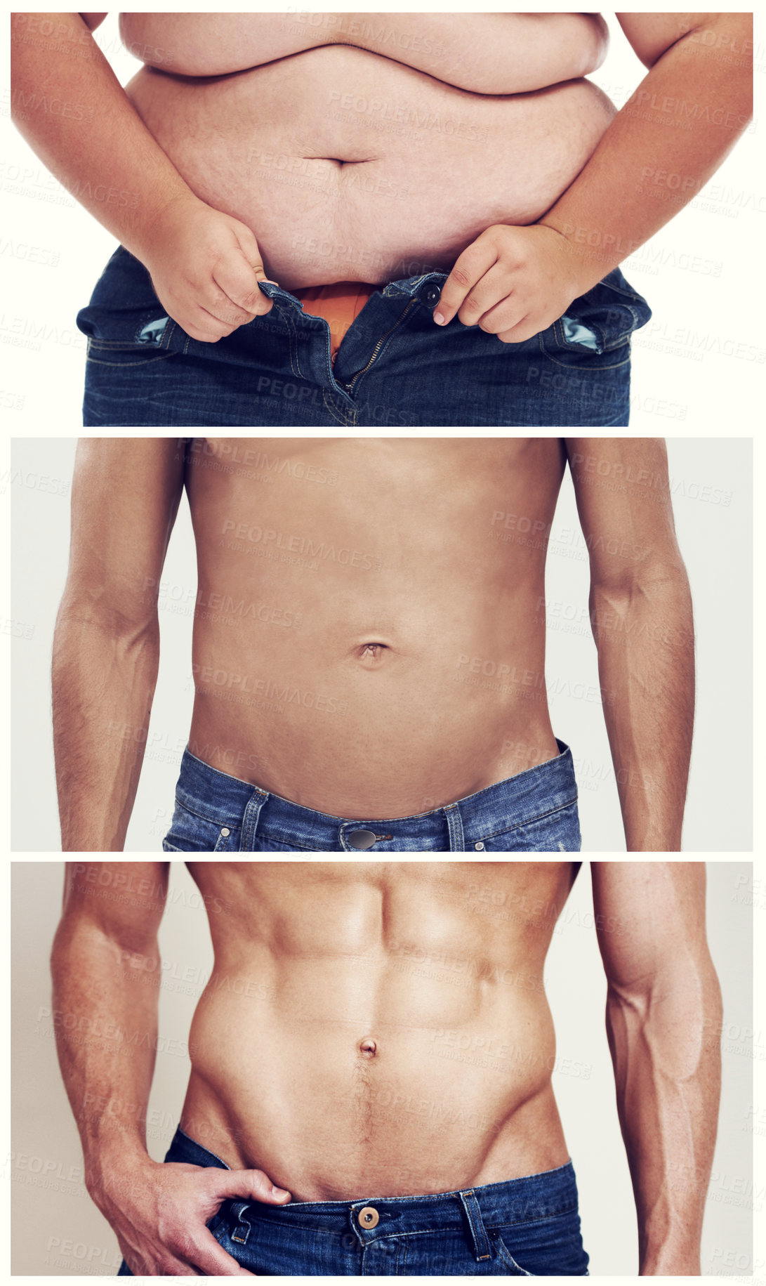 Buy stock photo Collage, transformation and body of man for weight loss, diet and detox with white background. Health, stomach and male person for before after in fitness, workout and exercise on studio backdrop