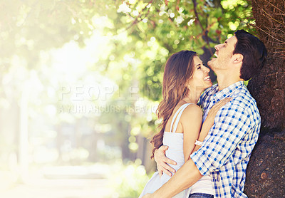 Buy stock photo Couple, happy and love in park with smile, embrace and connection in summer sun for valentines day. Man, woman and laughing together in nature for bonding, vacation or adventure in San Francisco