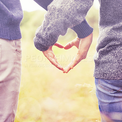 Buy stock photo Heart hands, love and summer with couple in countryside together for trust, safety or romance closeup. Nature, emoji or hand gesture with man and woman outdoor for security or dating from back