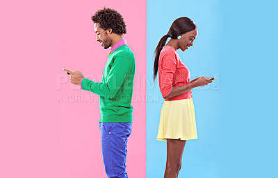 Buy stock photo Dating app, black people and smile with smartphone in studio on a color block background. Communication, blind date and happy with online relationship in website for single people, interact and love